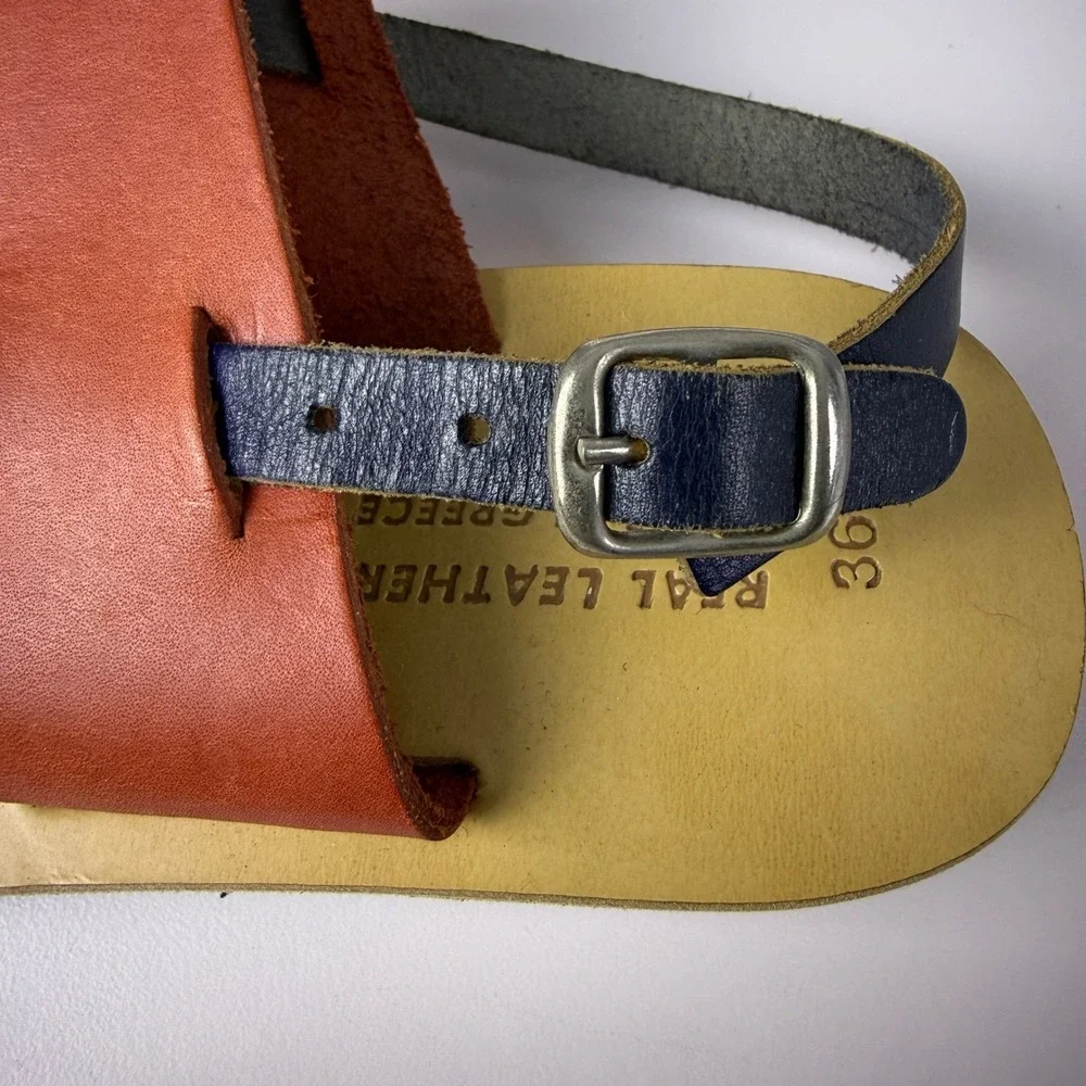 Real Leather Greek Sandals 5.5 Tricolor Navy Red Tan Buckle‎ Strap Flat Summer